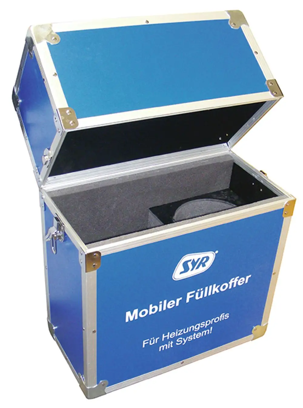 Mobiler Füllkoffer in blauer Farbe mit schwarzem Innenraum, ausgestattet mit Metallbeschlägen. Auf der Vorderseite befindet sich das Logo der Marke SYR.